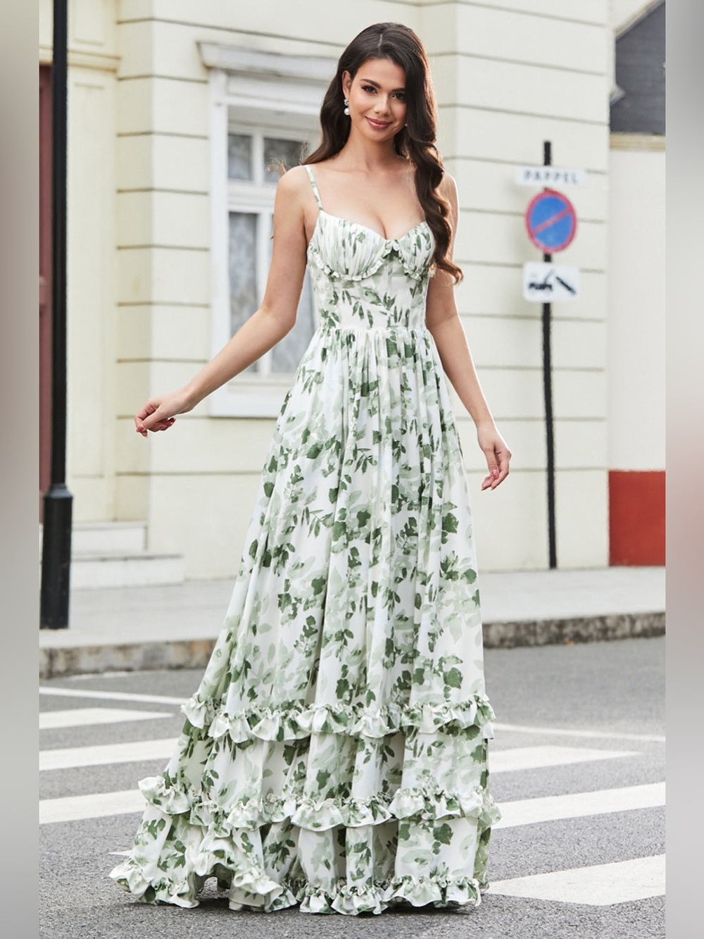 Women’s Green Leaf-Print Maxi Dress with Side Slit - Picture 2 of 9